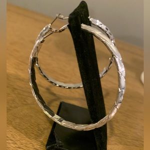 Silvertone Textured Hoops, Pierced, Like New Condition